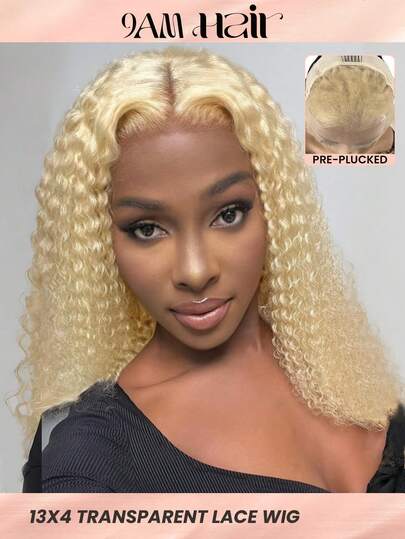 Transparent Lace 613 Blonde Kinky Curly Bob 13 X 4 Lace Frontal Short Short Human Hair Natural Hairline Real Remy Daily Use Stylish Wigs  Beige Color