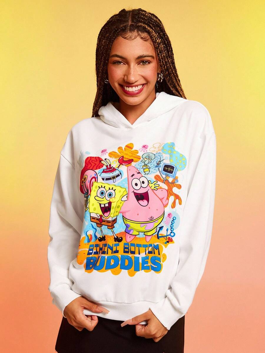 SpongeBob SquarePants | SHEIN Damen Lässig Lustiges süßes Cartoon & Buchstaben Grafik Lose Hoodie Sweatshirt, Frühling/Herbst, Drop-Shoulder