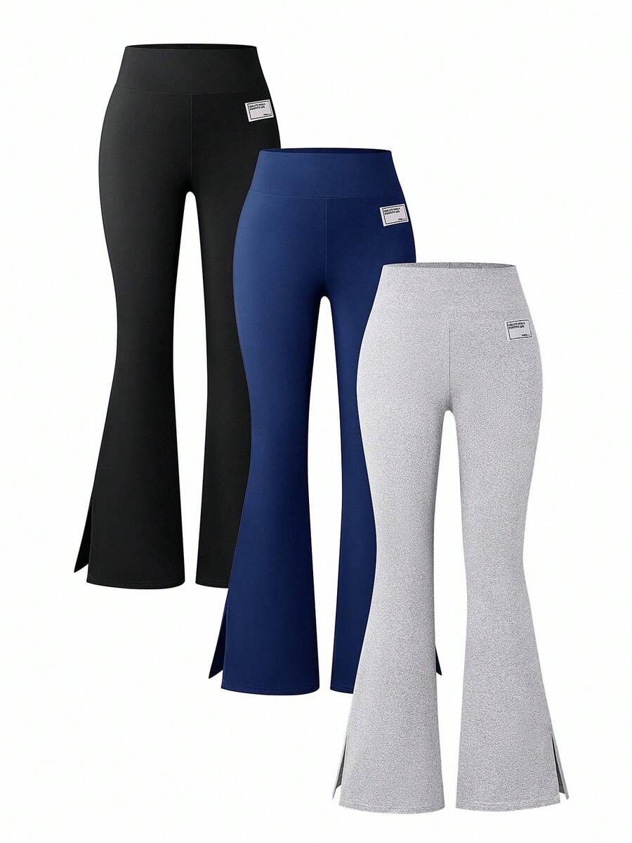 SHEIN Girlism 三件套休闲百搭喇叭裤,侧开衩设计,适合通勤和日常穿着,黑色/深灰色/浅灰色,春/秋/夏季皆宜,少女喇叭裤,运动针织喇叭裤,喇叭裤,秋冬款 - 彩色 - 查看 1