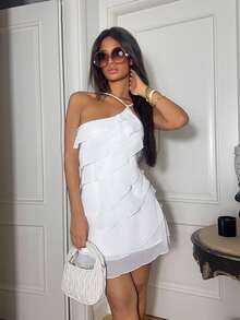 Ronhire 夏季海滩度假纯色杏色分层荷叶蛋糕迷你连衣裙，适合日常约会、夜间外出、夜总会、派对、聚会、鸡尾酒会、泳池派对、返校季服装、学校季连衣裙、节日连衣裙、音乐节服装、乡村音乐节服装、演唱会服装 - 白色 - 查看 1