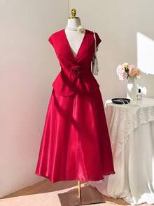 Flirla Plus Size Women 2 Pieces Set: Solid Color Floral Decor Elegant Top & Mesh Midi Skirt - Red - View 2