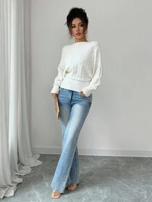 Elenzga Twisted Texture Oblique Shoulder Long Sleeve Knit Pullover Sweater, Autumn/Winter - White - View 7