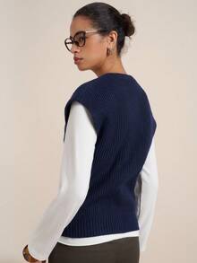 INAWLY Women's Casual Solid Color Button Sweater Vest - Navy Blue - View 3