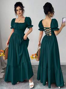 Rafferiza Women's Square Neck Puff Sleeve Front Tie Backless Cinched Waist Dress