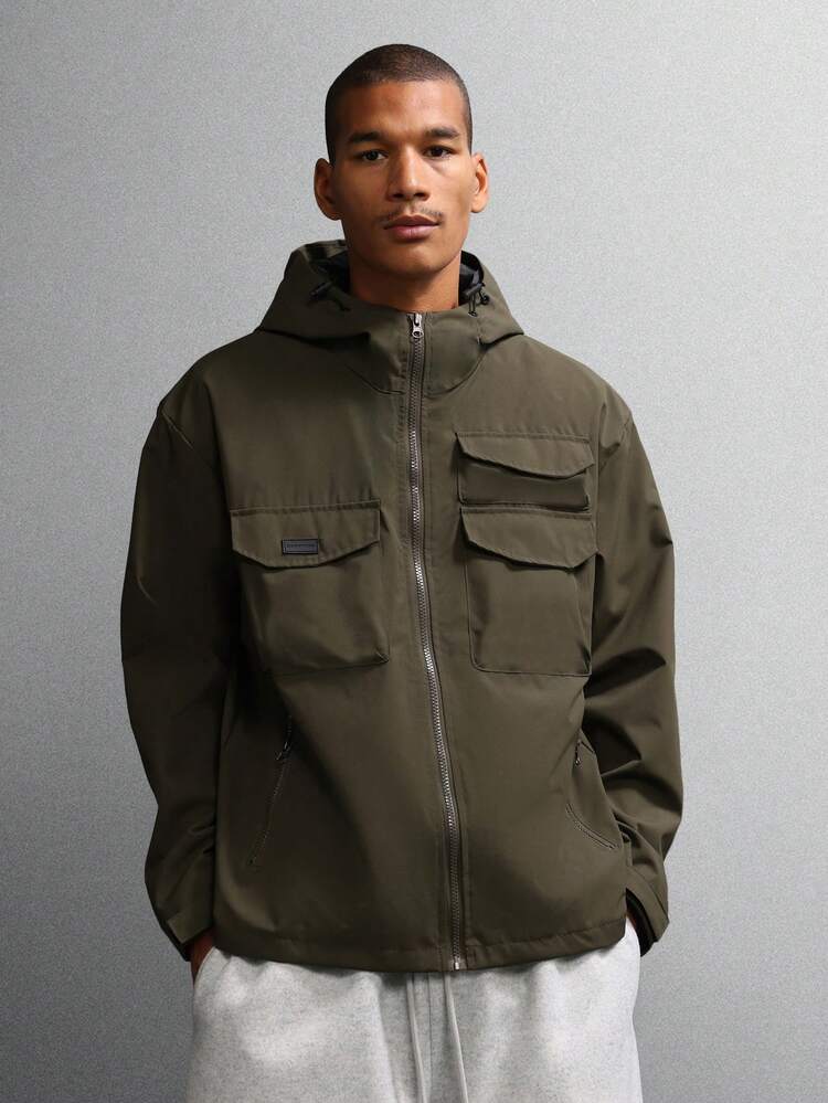 Hooded Utility Jacket With Cargo Pockets And Zipper Closure