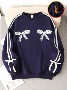 Teen Girls Navy Blue Sweatshirt With Bowknot Lace Printing,Round Neck Pullover Long Sleeve,Cute Back-To-School Autumn Graduation Winter Casual Top - Royal Blue - View 1