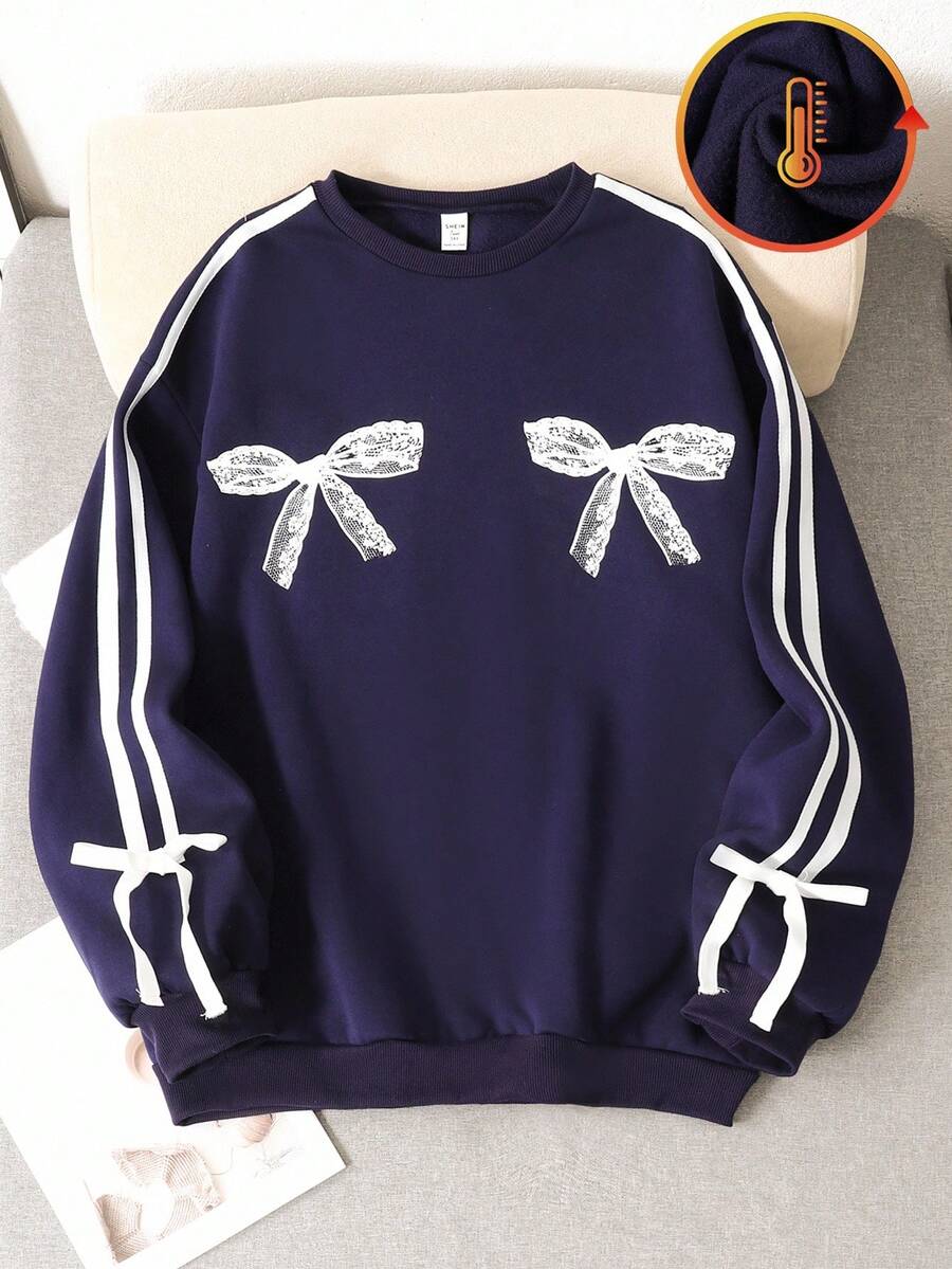 Teen Girls Navy Blue Sweatshirt With Bowknot Lace Printing,Round Neck Pullover Long Sleeve,Cute Back-To-School Autumn Graduation Winter Casual Top - Royal Blue - View 1