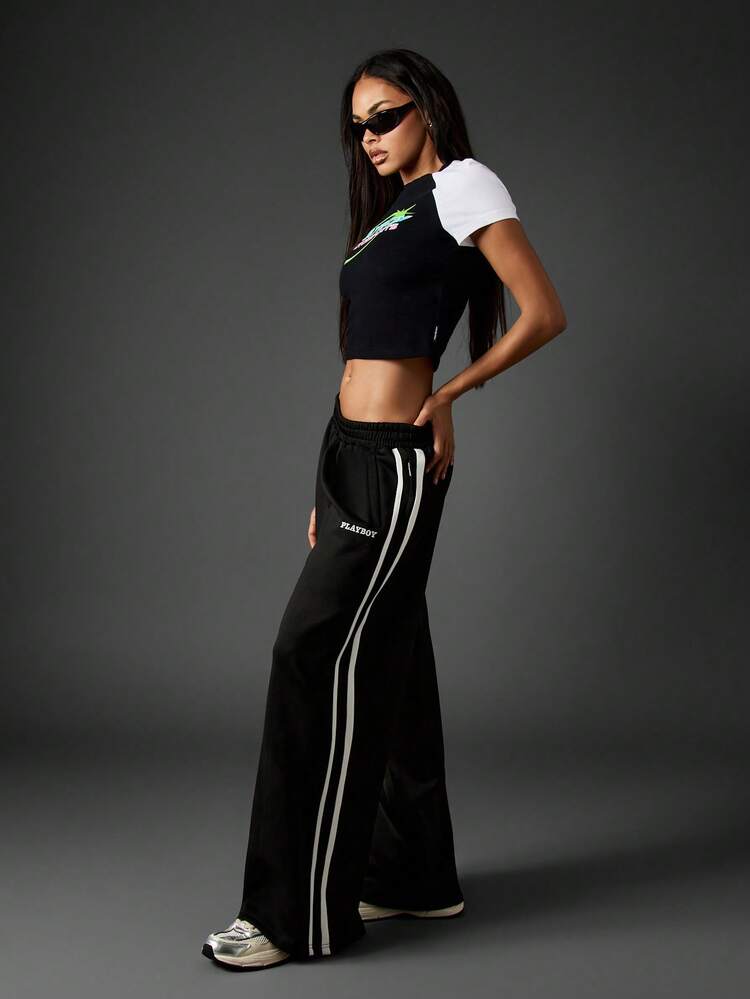Missguided x Playboy Oversized Wide Leg Joggers With Side Stripe Detail For Casual Streetwear Lounging Comfort