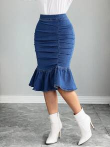 Elenzga Ruffled Hem Elastic Washed Women Denim Skirts - Medium Wash - View 5