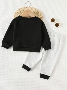 Cozy Pixies 2 件套男婴卡通搞笑表情万圣节拼布撞色圆领长袖连帽衫和松紧腰裤套装 - 灰色 - 查看 2