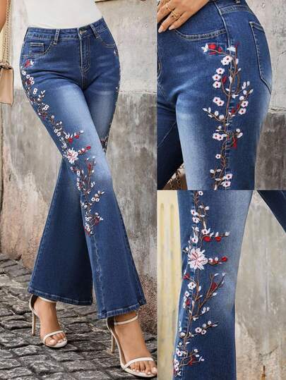 EMERY ROSE Women's Casual Everyday Washed Floral Embroidery Slant Pocket Denim Jeans