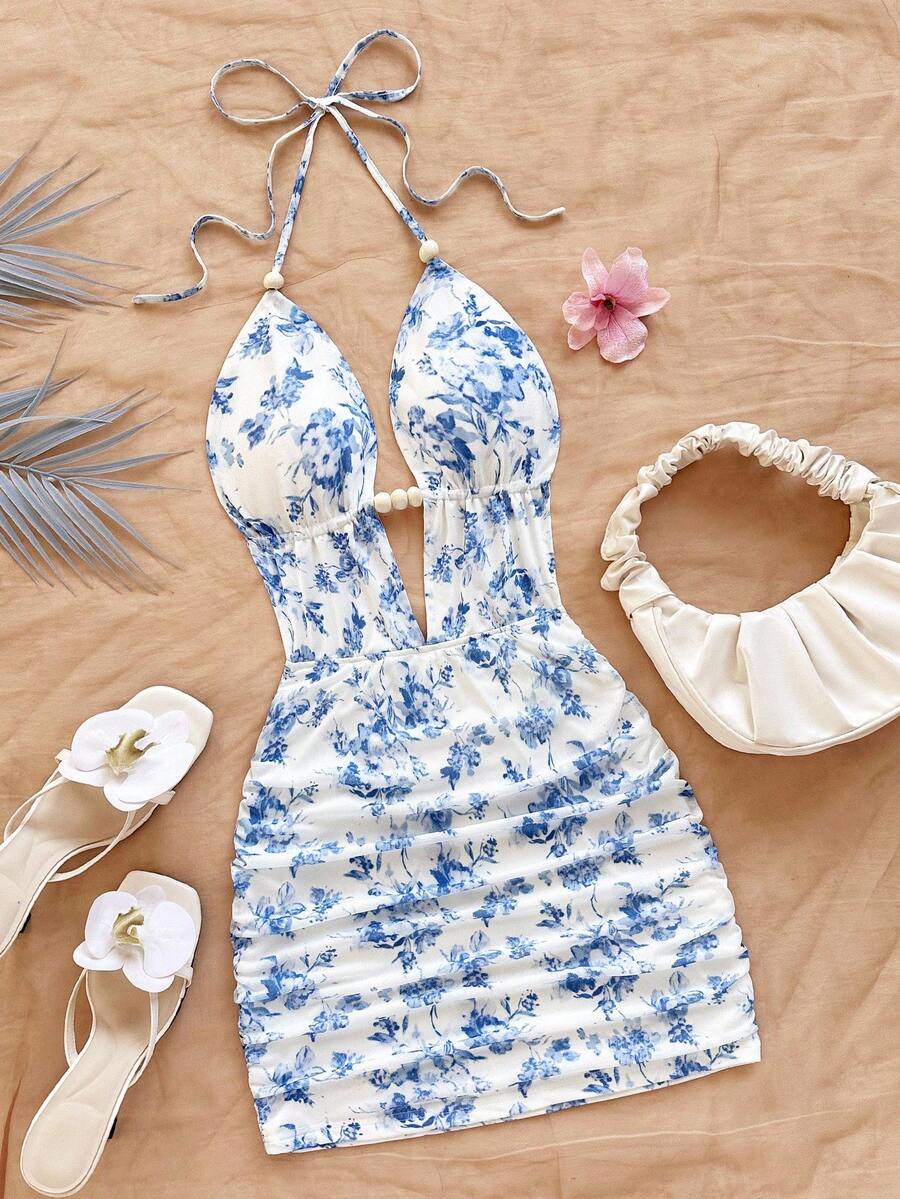 Soleia Robe mini dos nu à col ras-du-cou avec imprimé floral sexy, pour l'été