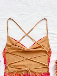 Soleia 女士度假细肩带迷你连衣裙，垂坠领口，露背，系带蝴蝶结，鱼尾，性感风格，迷你连衣裙，及膝长裙，购物装，浪漫装，约会装，沙滩装，网眼装，年轻，少女感 - 彩色 - 查看 6