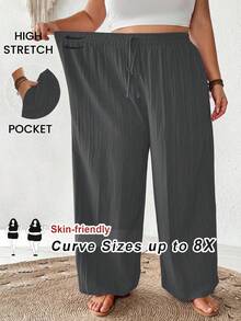 SHEIN CURVE+ 大码女式夏季休闲沙滩裤，时尚商务通勤优雅阔腿裤，带口袋，夏季裤装，适合夏季/乡村/海滩度假/沙滩/沙滩装 - 深灰色 - 查看 4