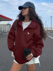 DAZY 女士秋冬撞色领保暖宽松卫衣 - 酒紅色 - 查看 2