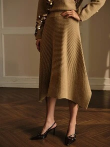 MOTF PREMIUM RIB-KNIT ASYMMETRICAL HEM SWEATER SKIRT