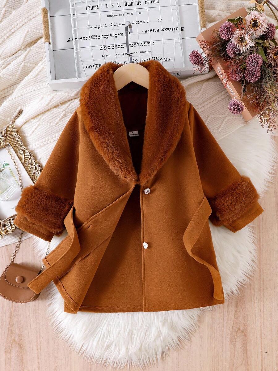 SHEIN Elladie kids Young Girls' Overcoat With Faux Fur Collar, Elegant & Cute, Suitable For Young Girl In Winter Fall - Brown - View 1