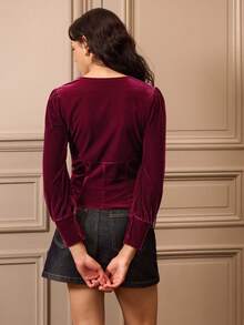 lacRébo Fitted Burgundy Velvet Blouse With Puff Sleeves And Front Button Detail Spring Women Clothes Spring Summer Office Outfits  New Year Dress - Burgundy - View 2