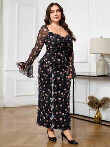 Modelyn Plus Size Elegant Floral Print Flare Sleeve Dress - Multicolor - View 6