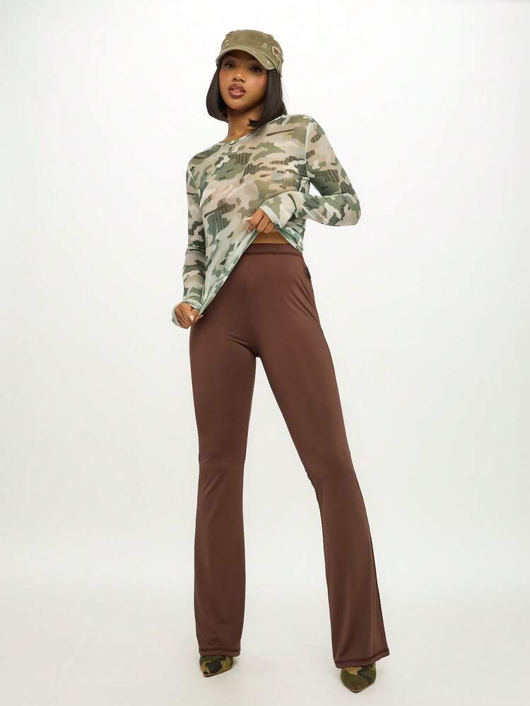 SUMWON Hochsitzende anliegende Schlaghose für Frauen Herbst Winter, braune weite Hose im Retro Glockenrock Stil