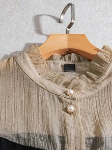 GlowEve CURVE 大码女式透视拼接立领荷叶边下摆系带长袖优雅百搭衬衫 + 纯色宽松裤轻盈法式通勤约会两件套 - 黑色 - 查看 7