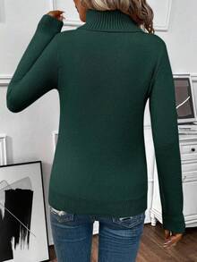 EMERY ROSE 女士休闲纯色高领毛衣，带保暖衬里，秋冬 - 墨綠色 - 查看 2