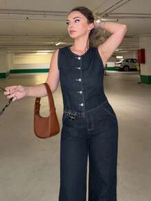 Jeta Ari Conjunto de verano casual de 2 piezas para mujer que incluye un chaleco sin mangas de mezclilla abierto por delante y pantalones vaqueros - Azul lavado medio - Ver 5