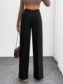 EURMUSE Fashionable Versatile Solid Color High Waist Straight Leg Pants - Black - View 3