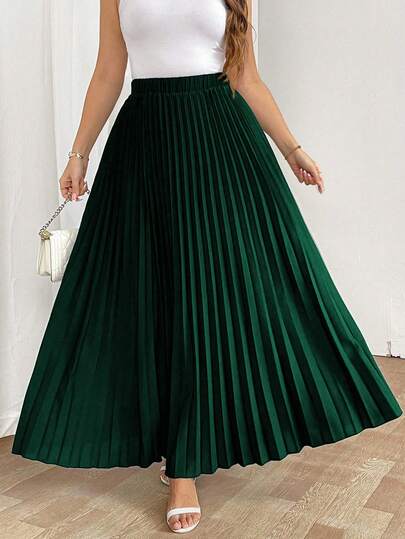 SHEIN Tall Elegant Casual Vacation Women's Loose Pleated Skirt With Elastic Waist, Black, Plus Size