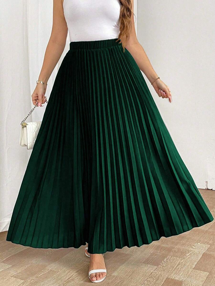 SHEIN Tall Elegant, avslappnad semesterkjol för kvinnor med lös plissering och resår i midjan, svart, plus size - Mörk Grön - Visa 1