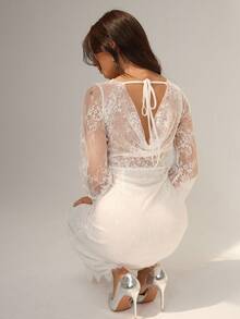 Chiquease 白色蕾丝连衣裙，露肩荷叶边领带设计，腰部荷叶边，优雅女士长裙，春秋季 - 白色 - 查看 3