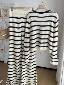 SHEIN EZwear Plus Size Black Striped Tie-Up Sweater Set, Autumn/Winter Striped Long Sleeve Top Striped Knit Set Black And White Striped Set