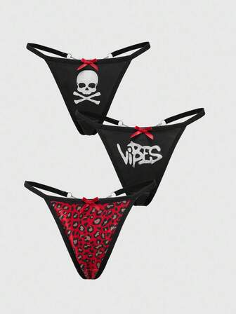 Gothic Skull Gothic Font Leopard Print Butterfly Chain Thong