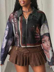 Slaydiva Áo khoác thể thao đường phố thường ngày đầu thu 2025 mới, phong cách Punk, hẹn hò hàng ngày, phong cách đường phố, sản phẩm bán chạy nhất của người nổi tiếng trên Internet, sản phẩm hot, cổ polo, khóa kéo, tay dài, rộng rãi, in chân dung toàn bộ, áo khoác nữ -Z - Nhiều màu - Xem 4