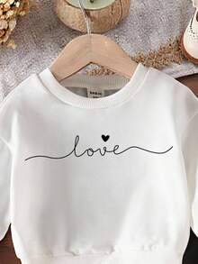 SHEIN 2 件年轻女孩休闲时尚简约情书和心形图案白色圆领运动衫和黑色紧身裤套装，适合小女孩的秋冬日常服装 - 彩色 - 查看 4