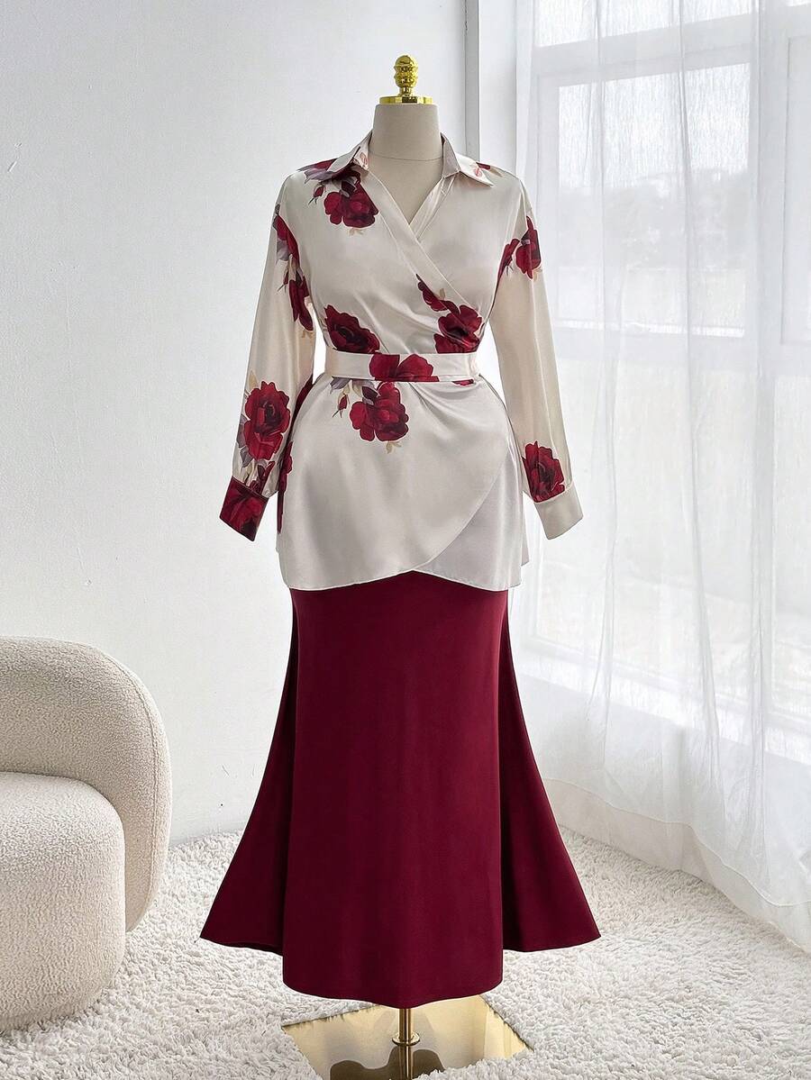 Sweetra 大码女式复古优雅V领玫瑰印花系带修身美人鱼裙两件套 - 酒紅色 - 查看 1
