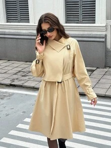 Firerie Women's Casual Commute Daily Fashion New Modern Urban Asymmetric Cinched Waist Waist A-Line Long Sleeve Khaki Mid-Length Trench Coat Fall Winter Clothes For Women Women's Winter Coat Women's Winter Jacket Fall Outfits For Women