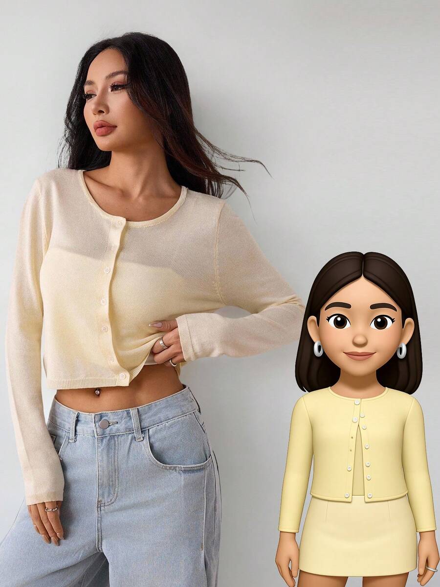 SHEIN PETITE 休閒百搭純色短版開襟衫,秋冬款,適合嬌小女性 - 黃色 - 查看 1