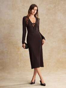 House of One Textured Knit Plunging Knot-Front Midi Dress Women Autumn Elegant Casual Wear