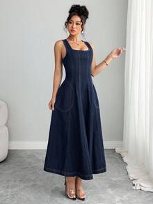 Elenzga 时尚水洗长款牛仔连衣裙 - 深色水洗藍 - 查看 4