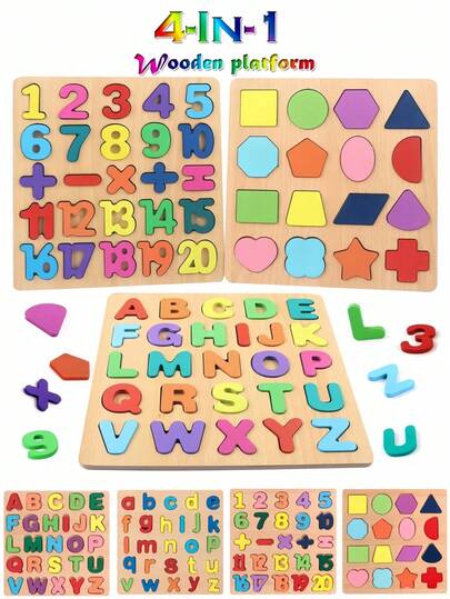 Zazumi 4 Pack Wooden Alphabet Shape Puzzles Montessori Learning Toys ABC 123 Number Blocks Preschool Educational Toys For Kids Random Color Letters Numbers