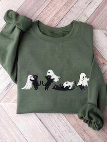 INAWLY 万圣节猫与鬼图案女式圆领卫衣 - 軍綠色 - 查看 1