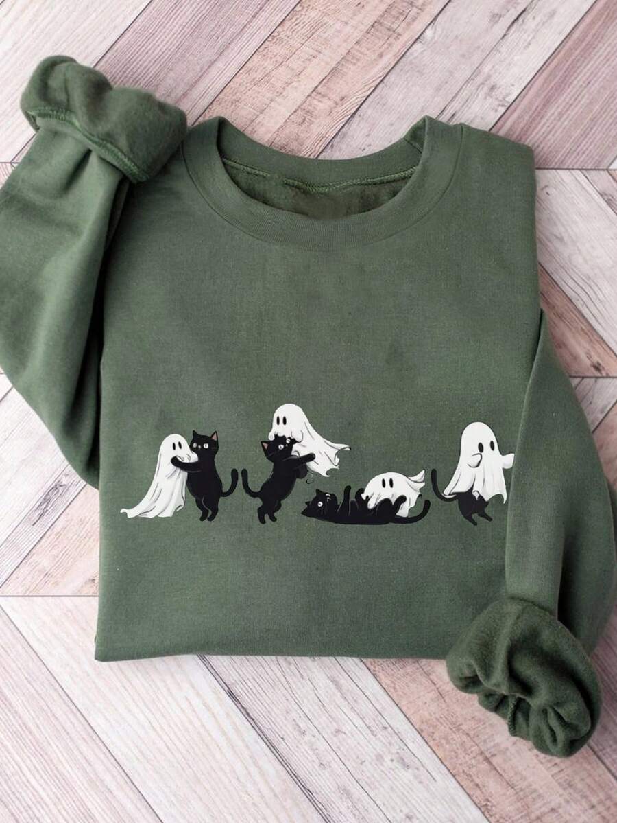 INAWLY 万圣节猫与鬼图案女式圆领卫衣 - 軍綠色 - 查看 1