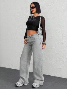 EURMUSE WOMEN CLASSIC LOW WAIST WIDELEG FIT LIGHT GRAY COLOR JEAN LONG LENTH BLACK BUTTON DETAIL - Light Grey - View 5