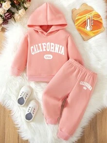 两件套女婴加州字母印花休闲羊毛连帽卫衣和裤子套装，秋冬 - 藕粉色 - 查看 3