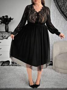 Enliva Christmas Plus Size Women Lantern Sleeve Midi Lace Dress/Autumn /Winter