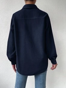 SHEIN LUNE 女士纯色长袖单排扣休闲宽松大衣，秋冬 - 寶藍色 - 查看 2