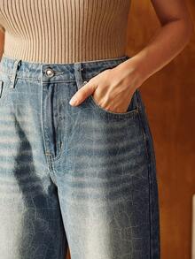 SHEIN X Jwoww Anewsta 女式仿鳄鱼皮口袋宽松直筒牛仔裤，适合日常穿着、办公室和通勤 - 藍色 - 查看 5