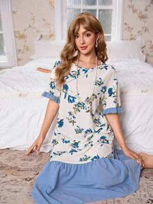 Bubble Wrinkle Floral Print Color Block Ruffle Hem Women Long Nightgown - Multicolor - View 6