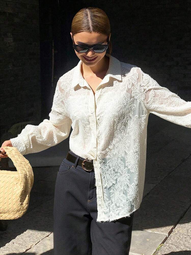 Women's Loose Casual Textured Shirt, Autumn/Winter Long Sleeve Top